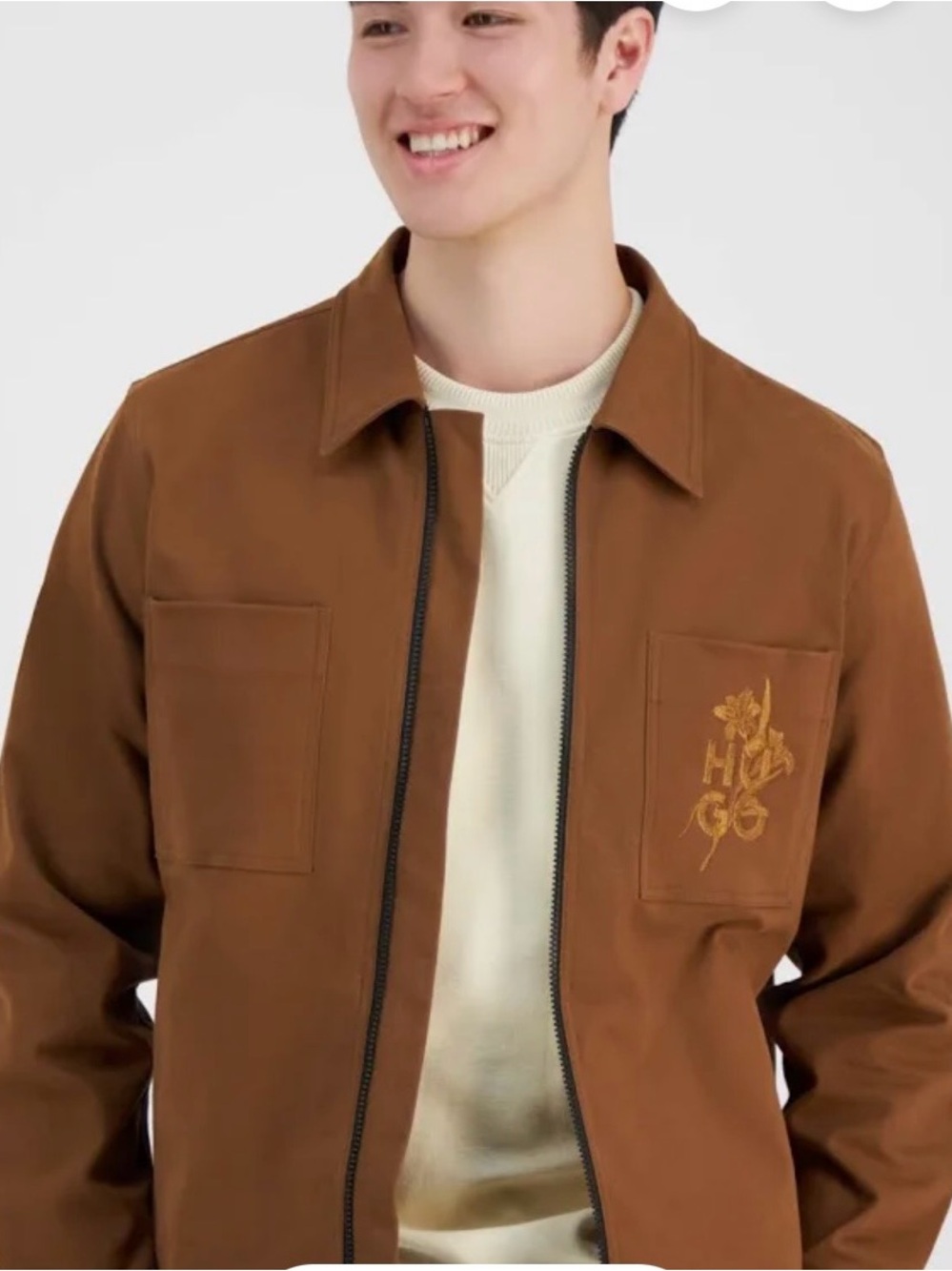 HUGO Brown Zip-Front Shirt Jacket with Embroidered Chest